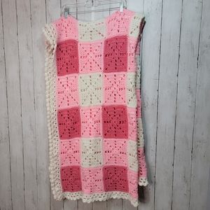 Handmade Gingham Granny Square Afghan Blanket Pink White 54" X 80".